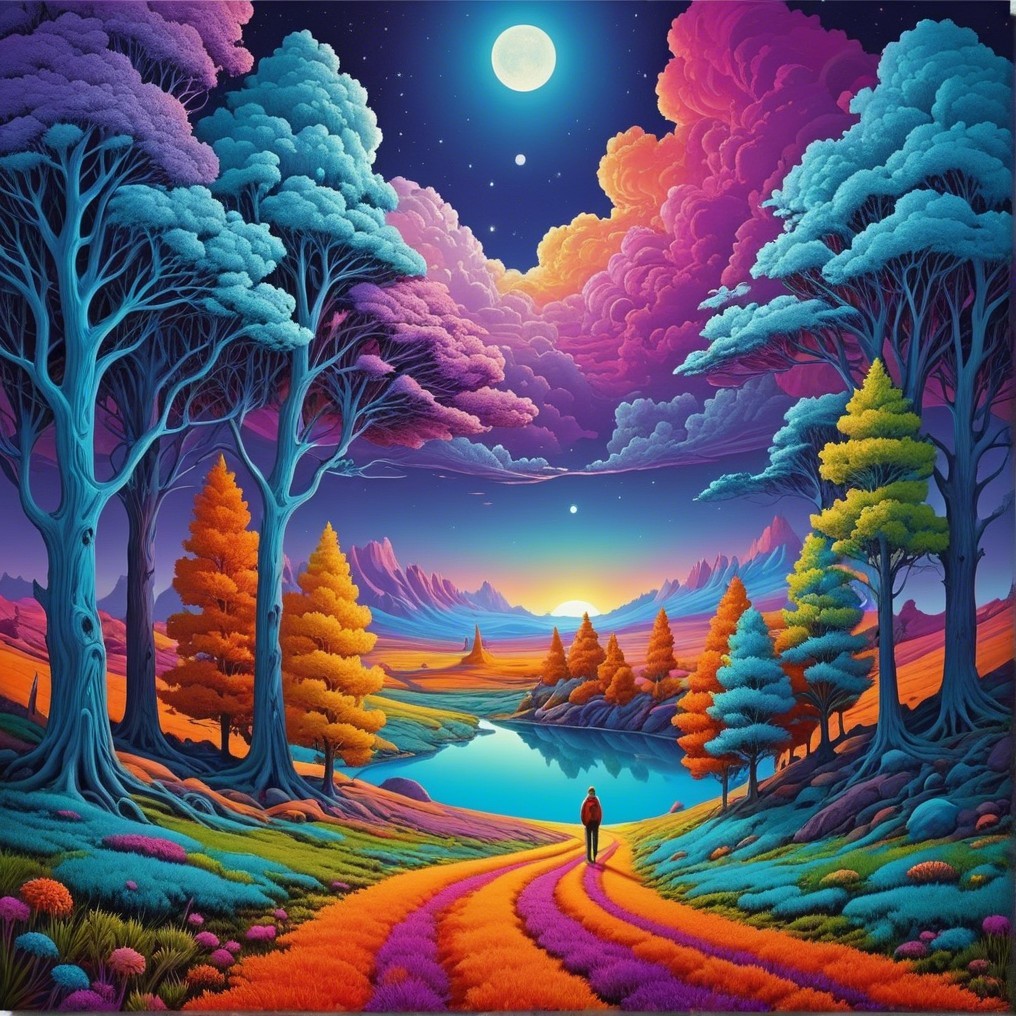 Vibrant Landscape with Winding Path and Reflective Lake