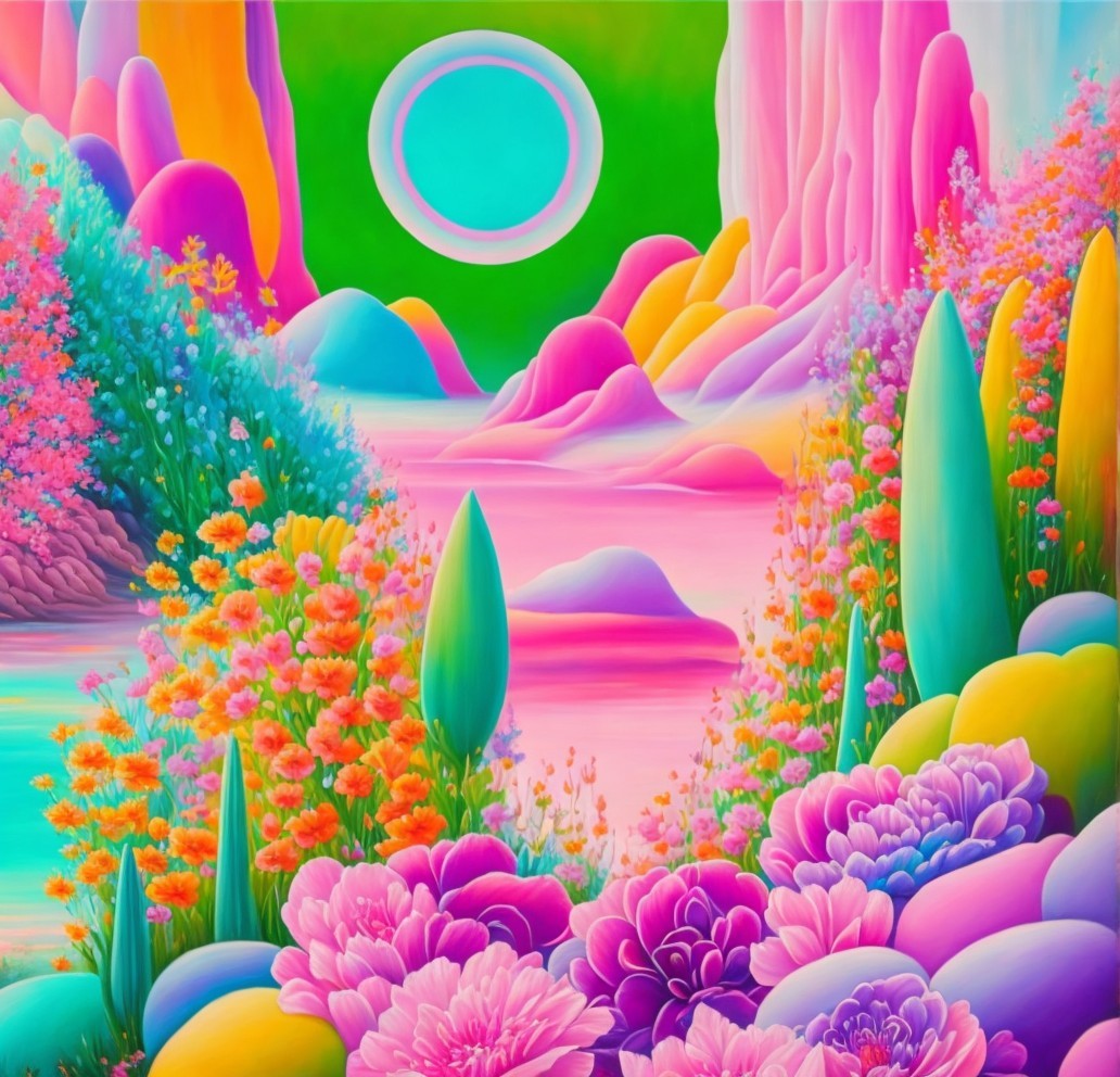 Vibrant Dreamlike Landscape with Colorful Flora and Mountains