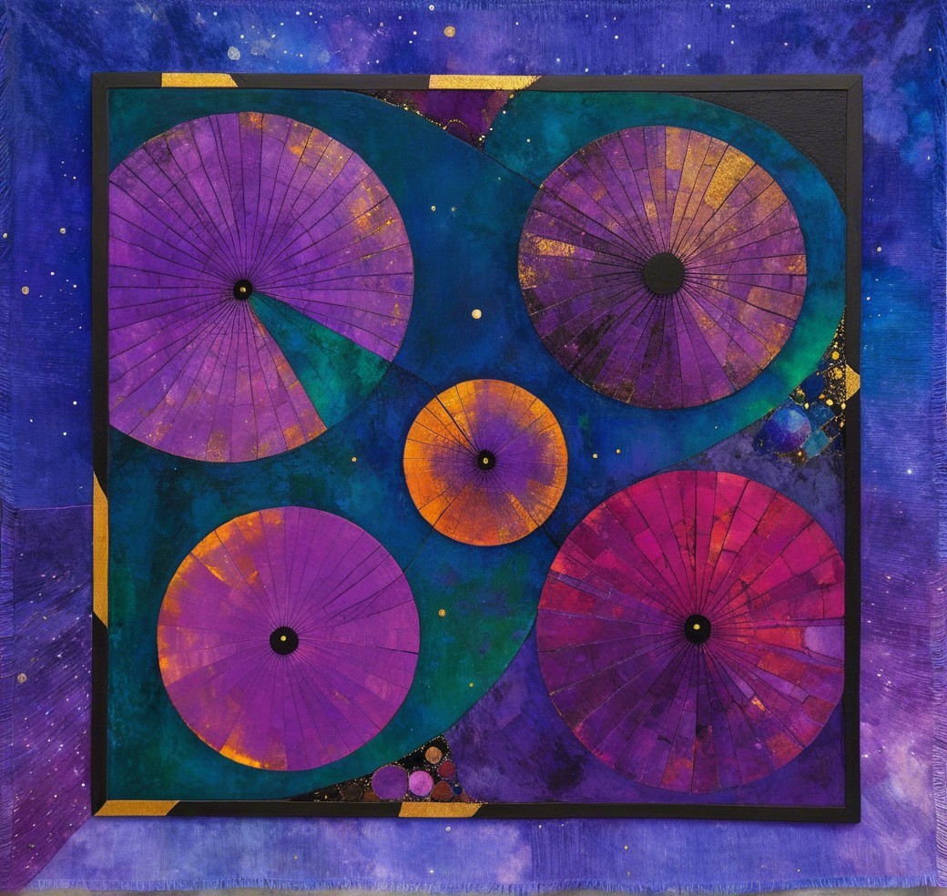 Vibrant Circular Forms in Purple and Gold on Blue