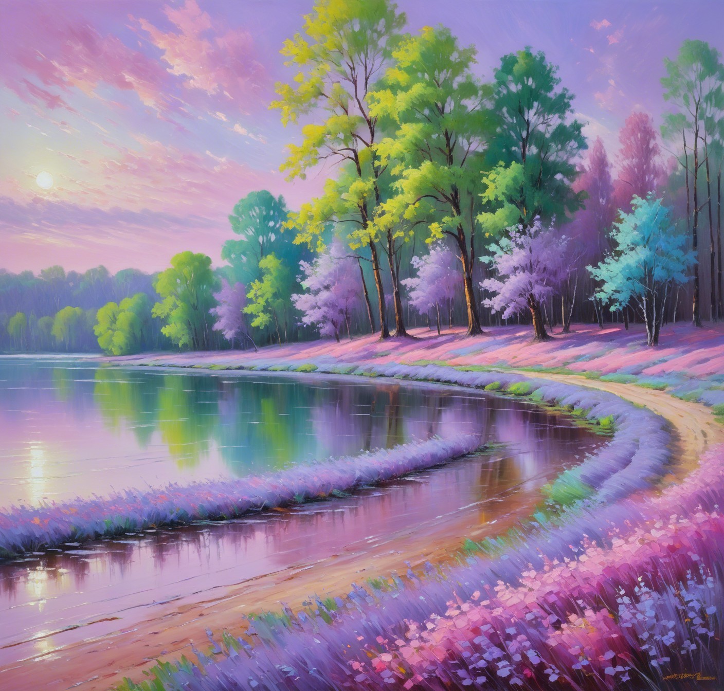 Vibrant Lakeside Sunset with Pastel Sky and Reflections