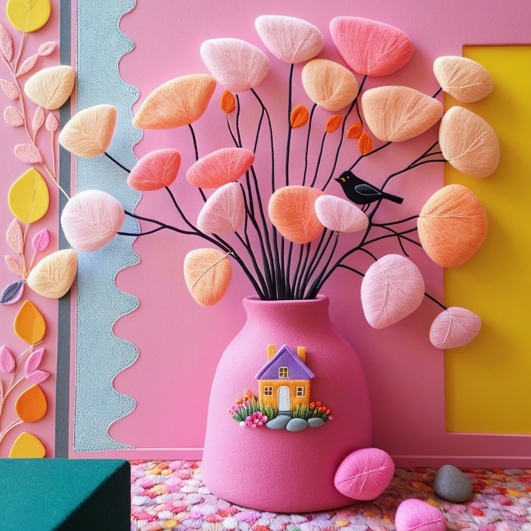 Vibrant Composition with Pink Vase and Oversized Leaves