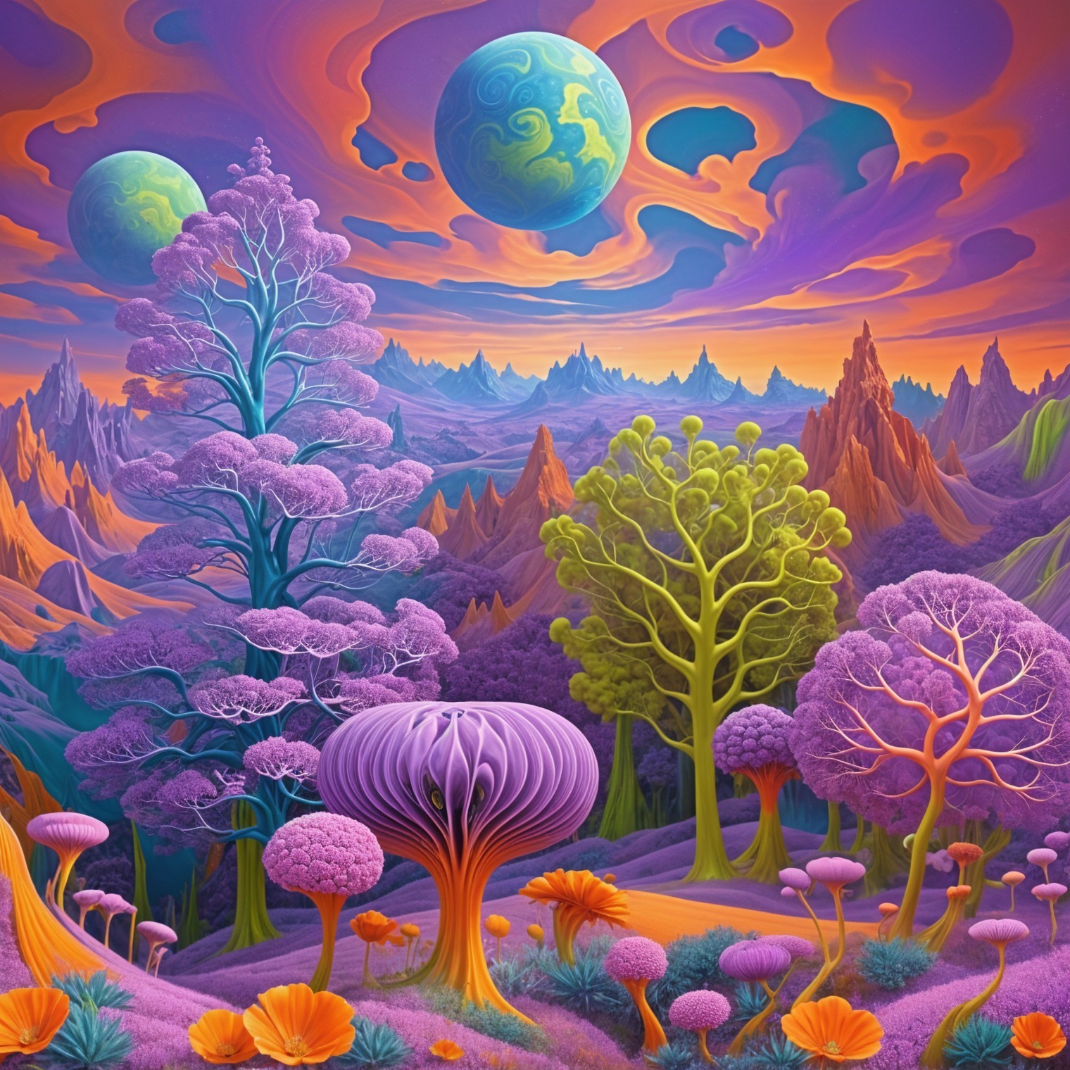 Surreal Landscape with Purple Mountains and Whimsical Flora