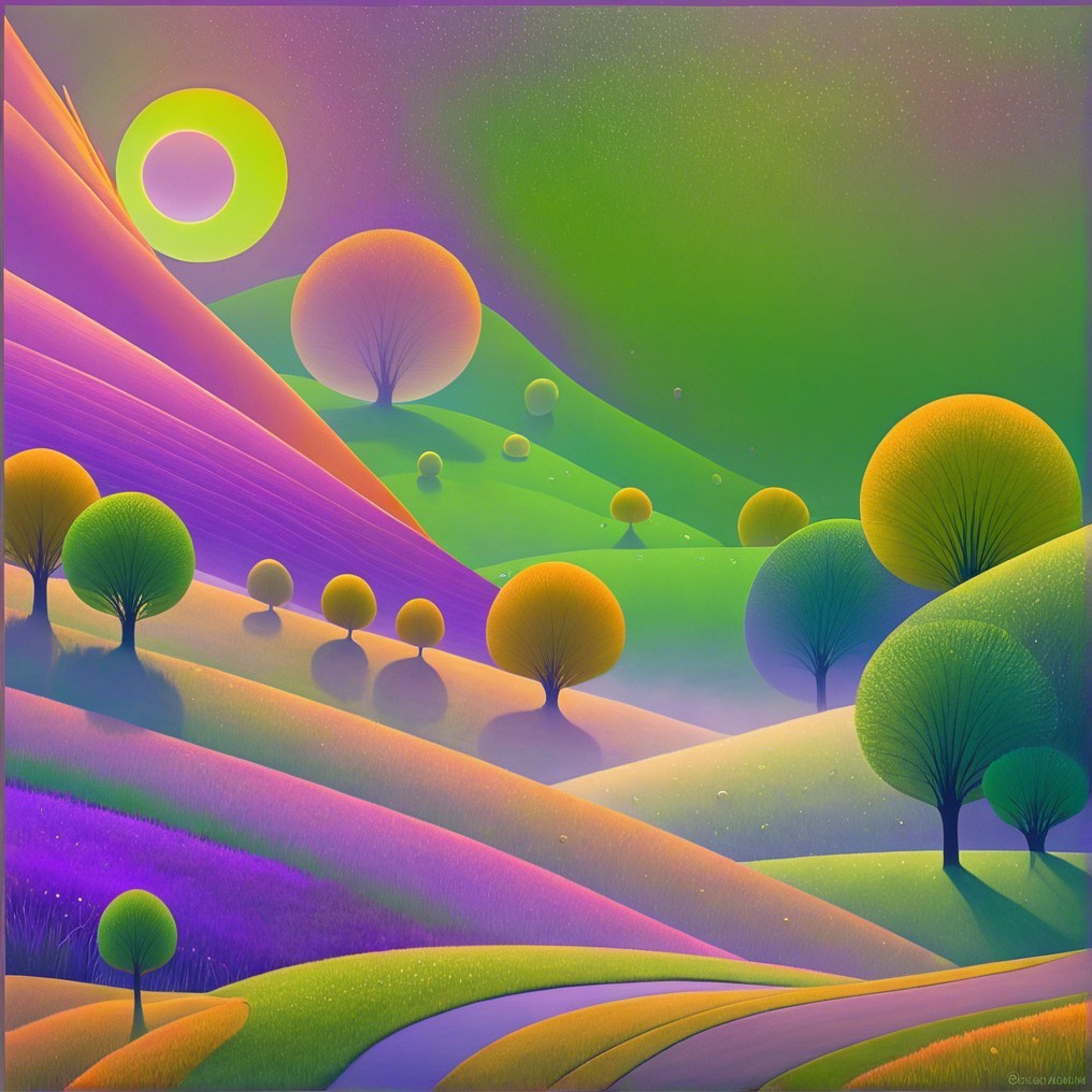 Vibrant Landscape with Rolling Hills and Whimsical Trees