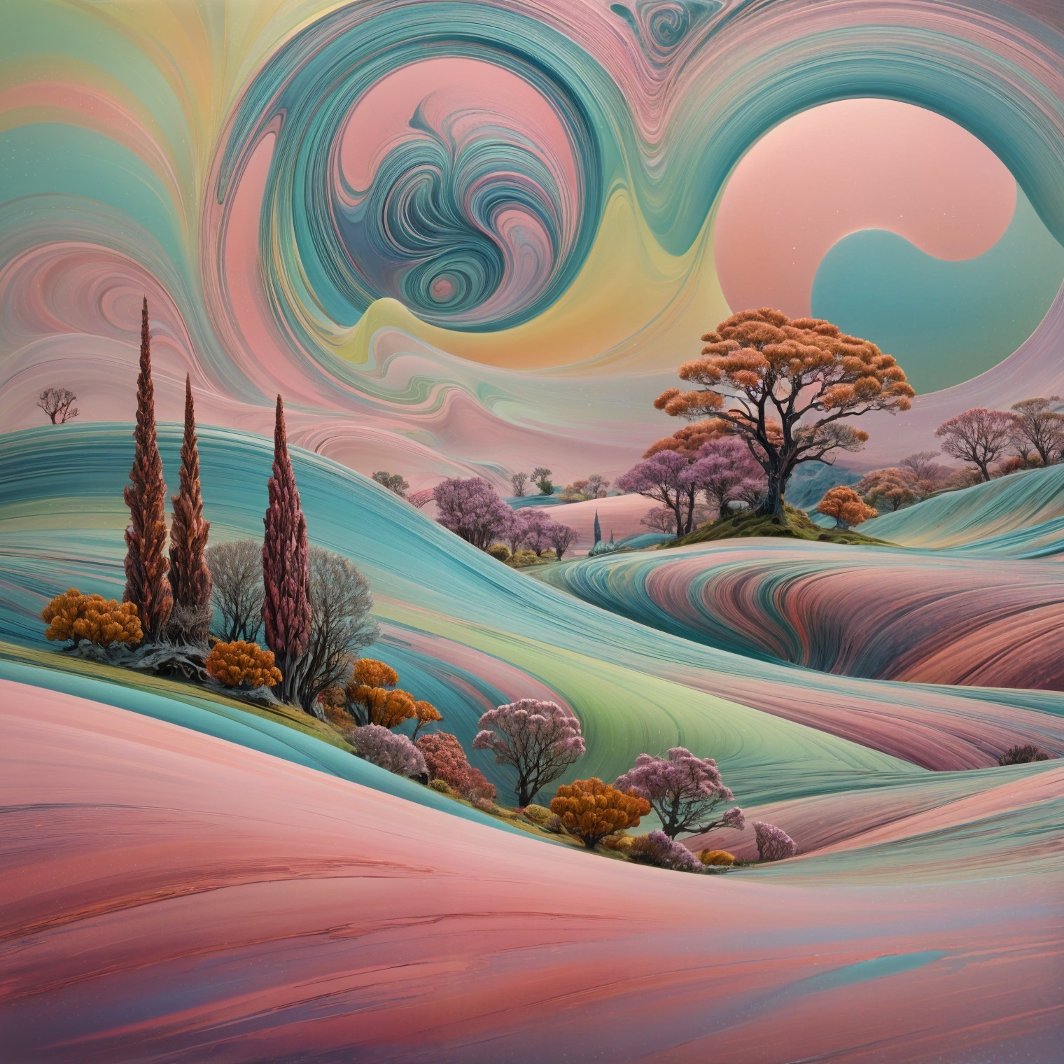 Surreal Landscape with Pastel Hills and Dreamy Sky