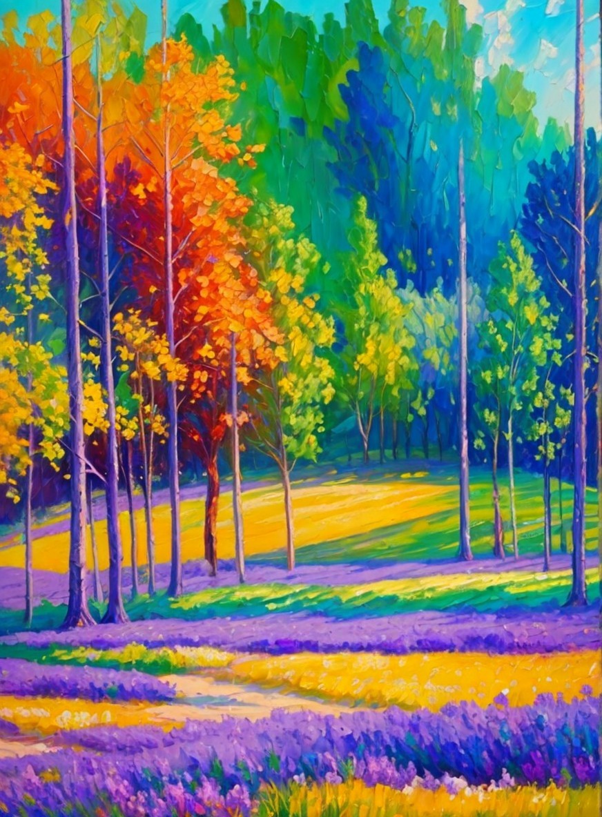 Vibrant Colorful Landscape with Trees and Lavender Blossoms
