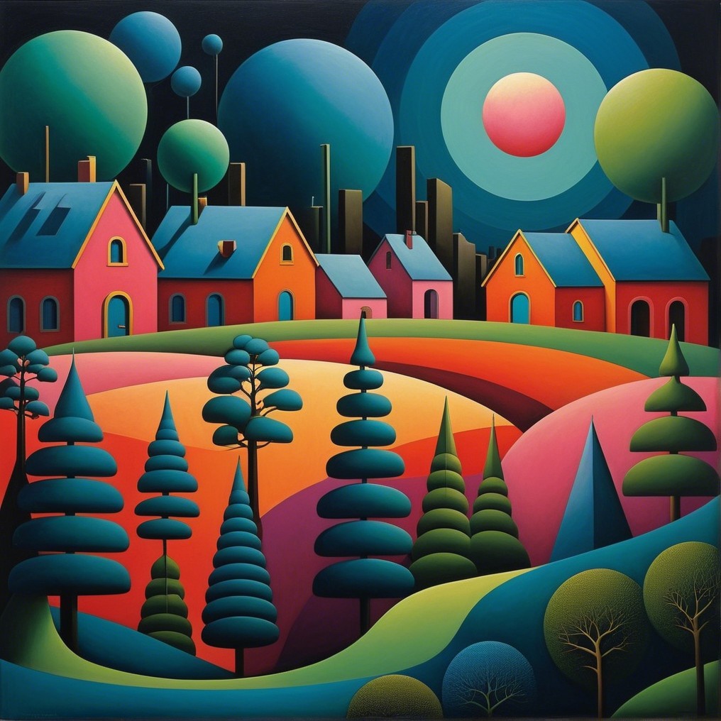 Vibrant Landscape with Colorful Houses and Abstract Elements