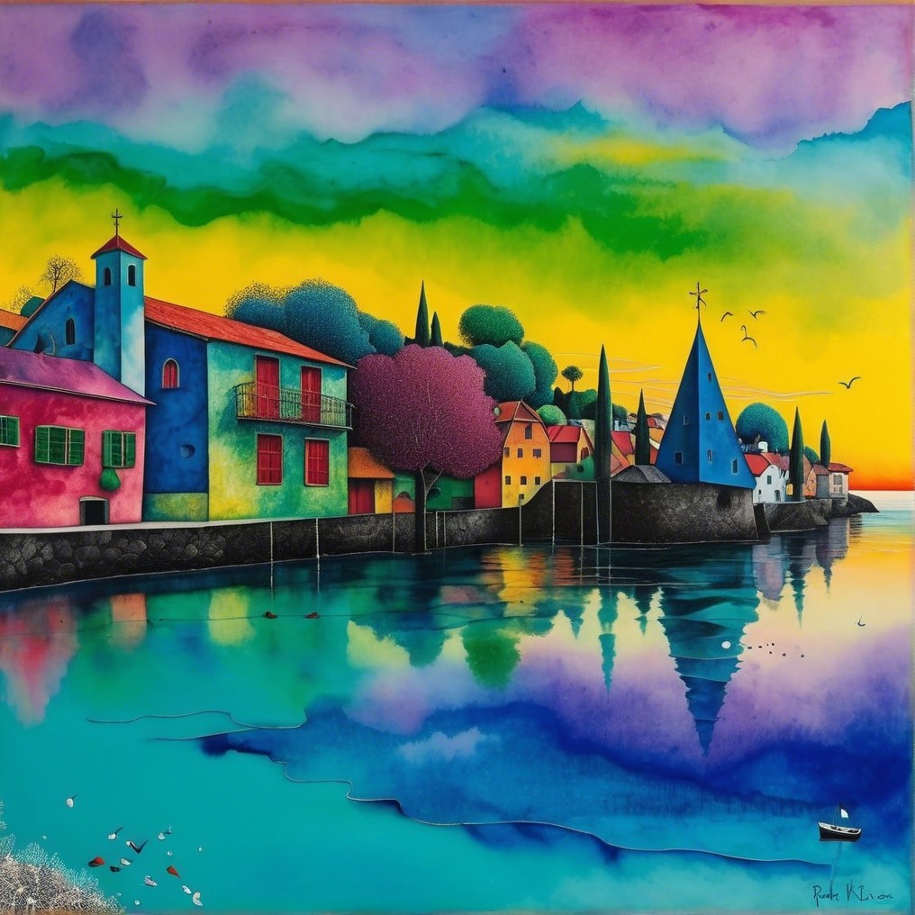 Vibrant landscape with whimsical village and sunset sky