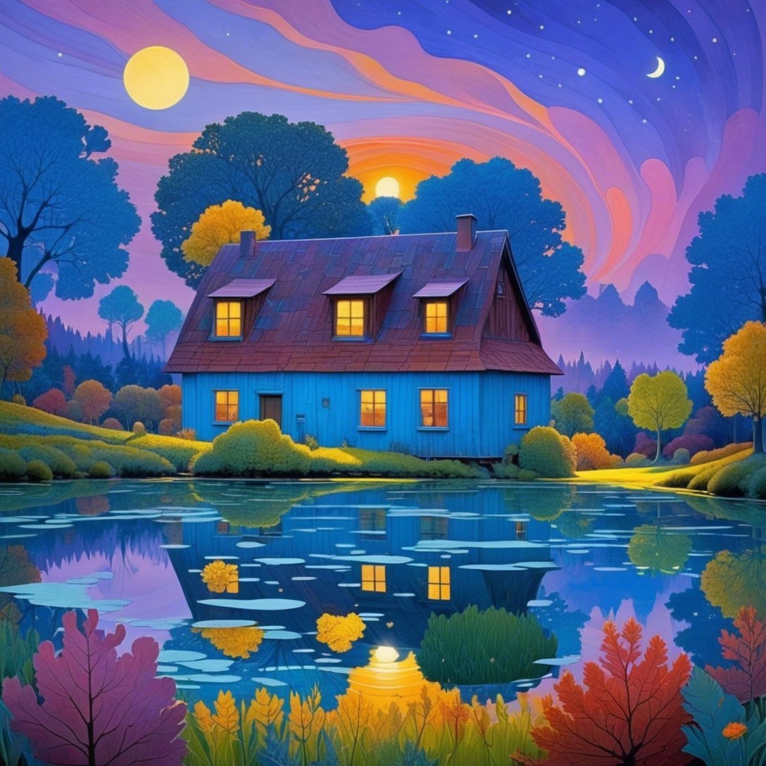 Cozy Blue House Surrounded by Vibrant Autumn Trees