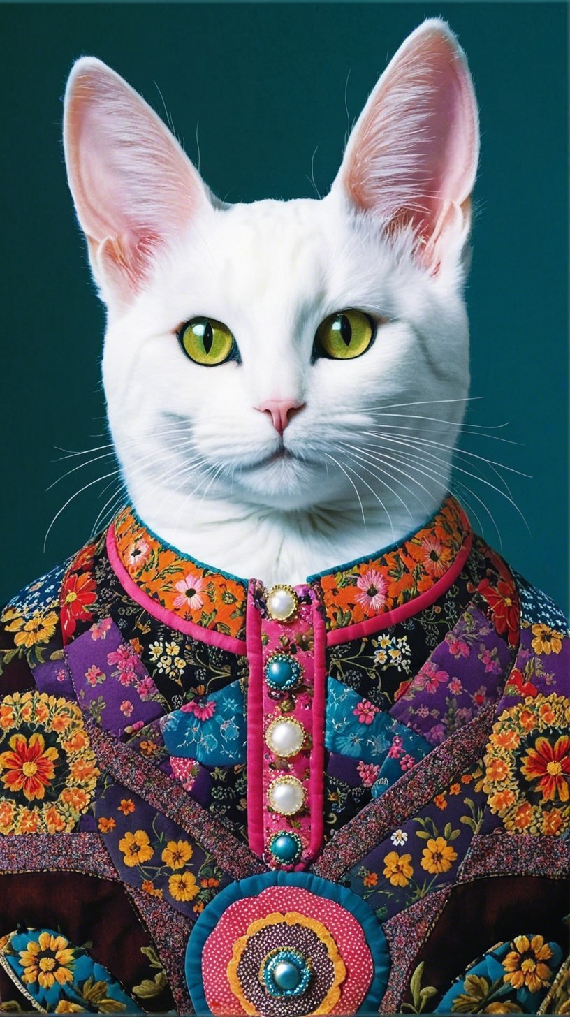Majestic White Cat with Floral Coat and Calm Demeanor