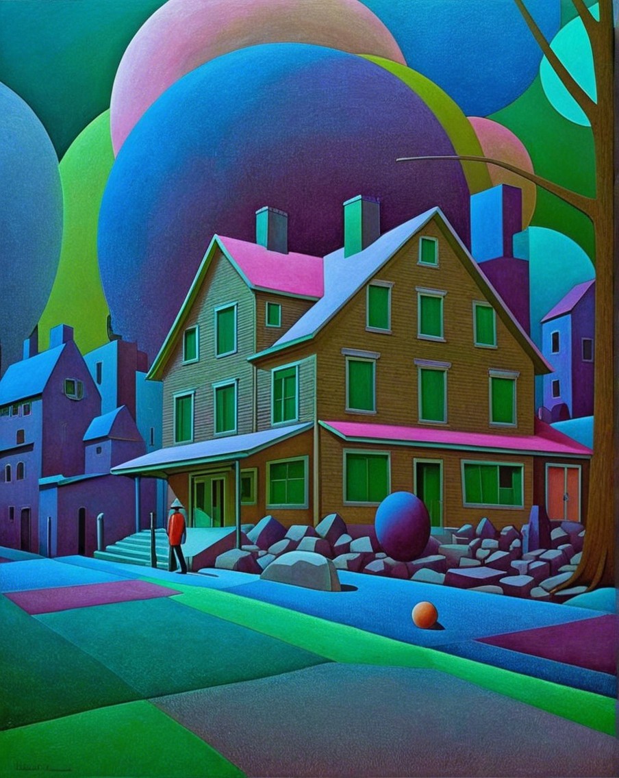 Surreal Landscape with Stylized House and Abstract Forms
