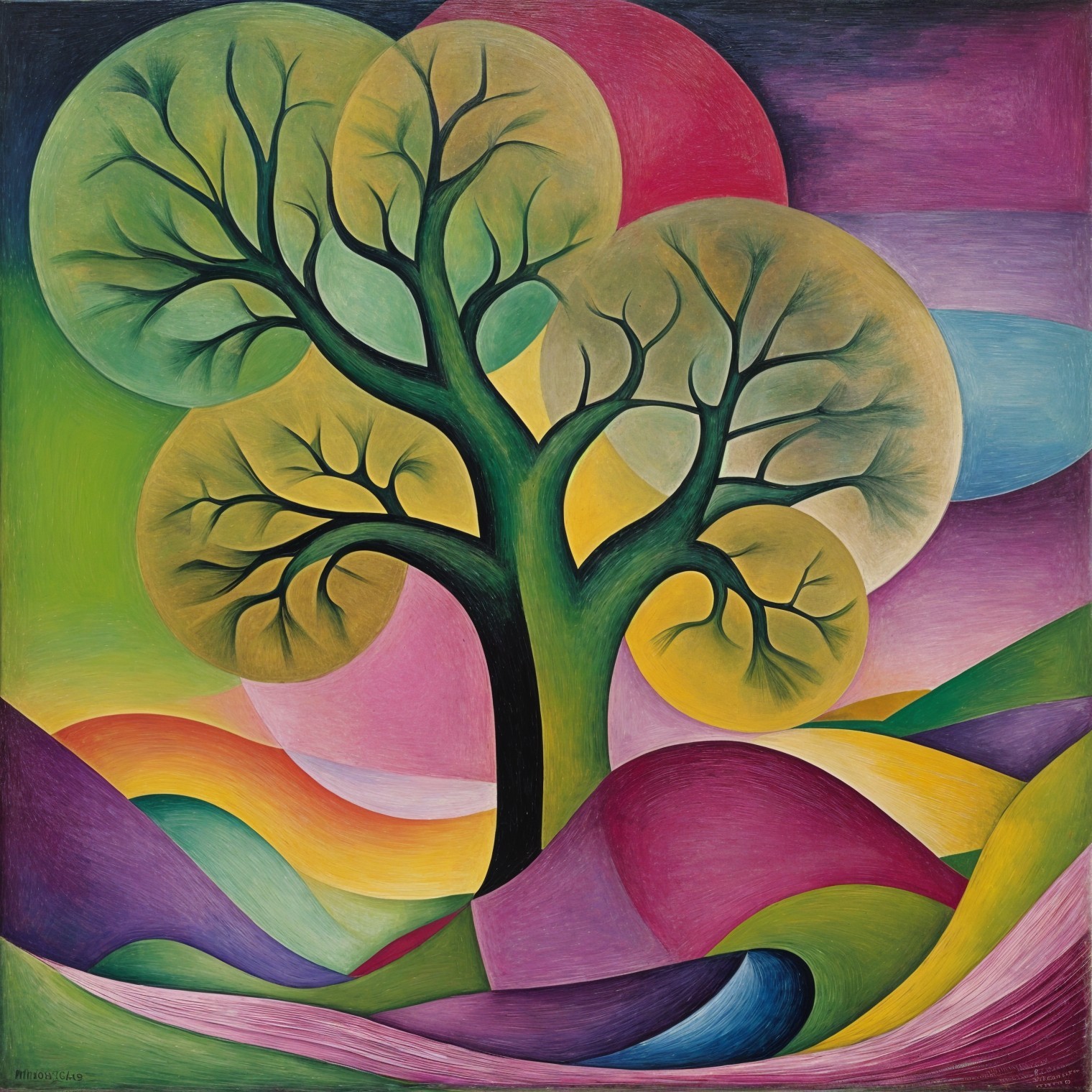 Vibrant Tree Against Abstract Colorful Landscape