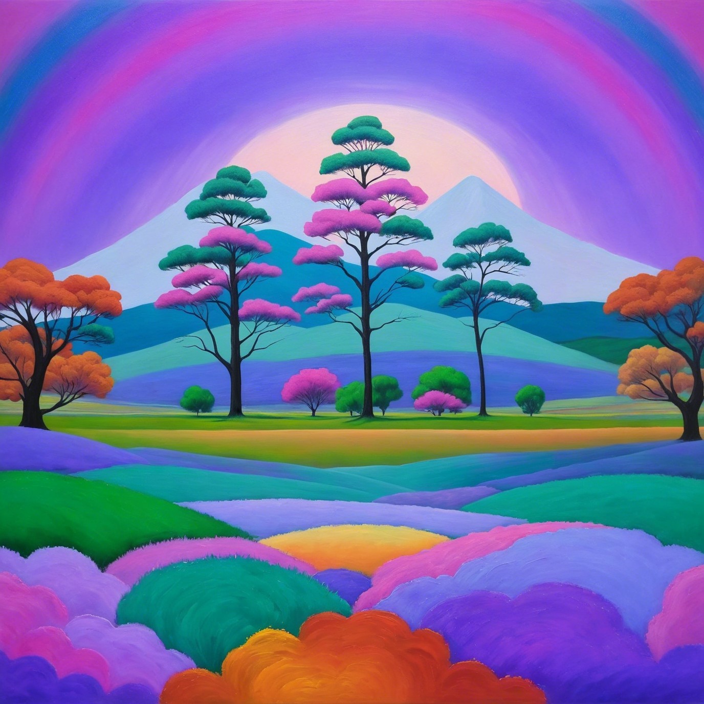 Vibrant Surreal Landscape with Colorful Hills and Trees