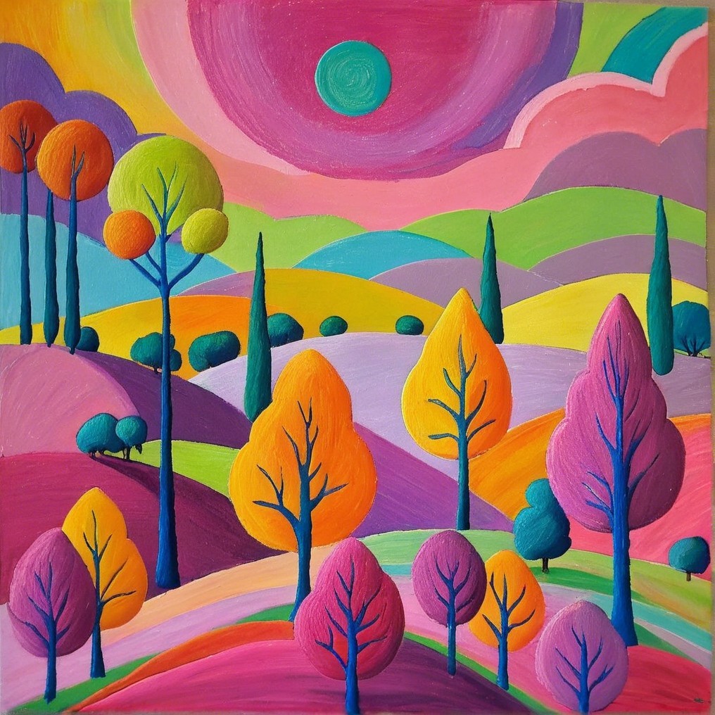 Vibrant Landscape with Whimsical Trees and Sun