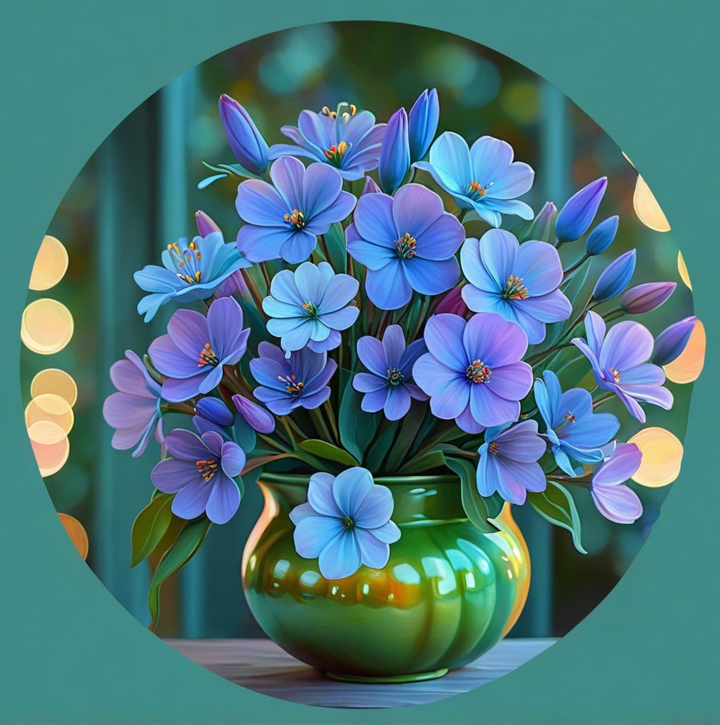 Vibrant Blue Flowers in Glossy Green Vase Display