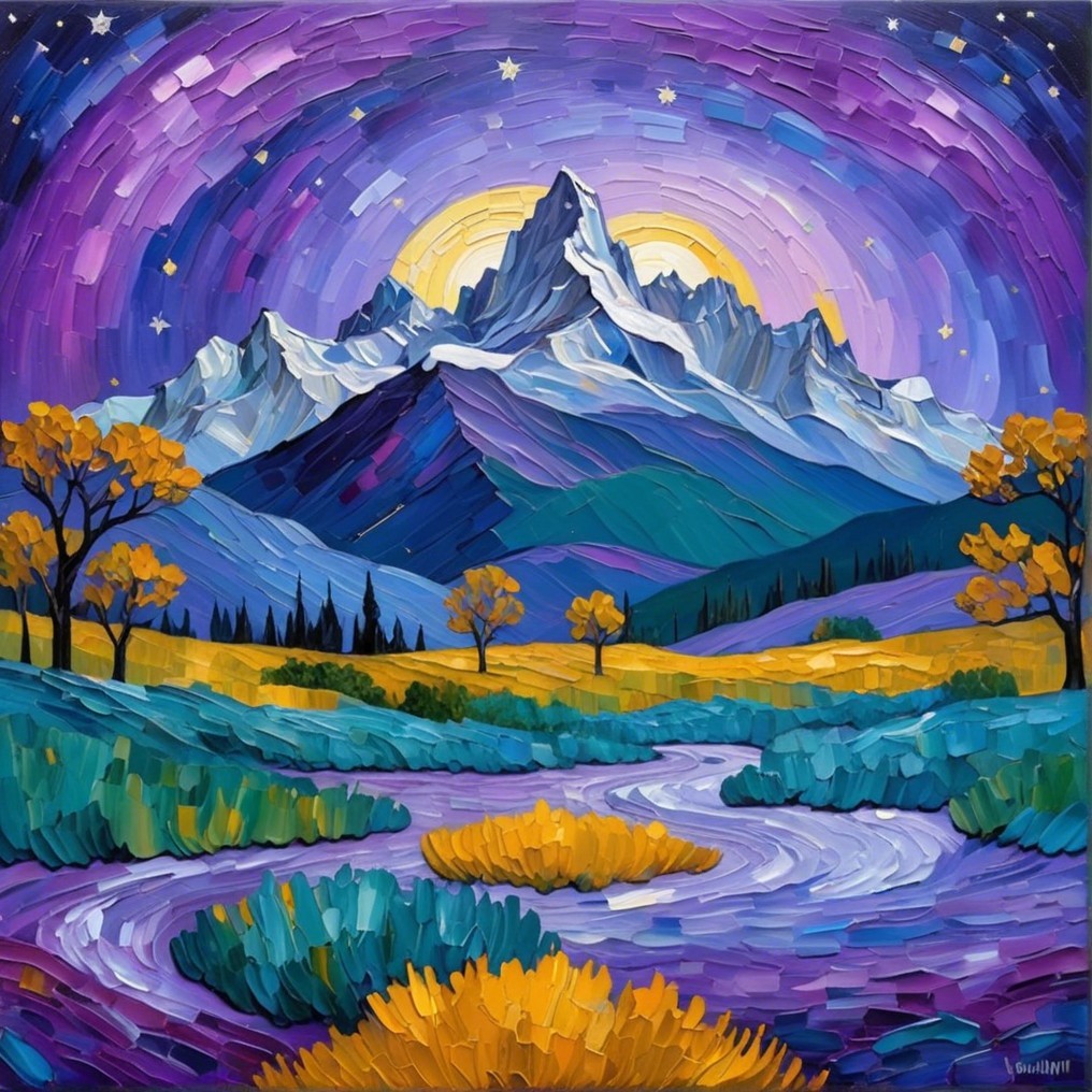 Vibrant Landscape with Purple Mountains and Starry Sky