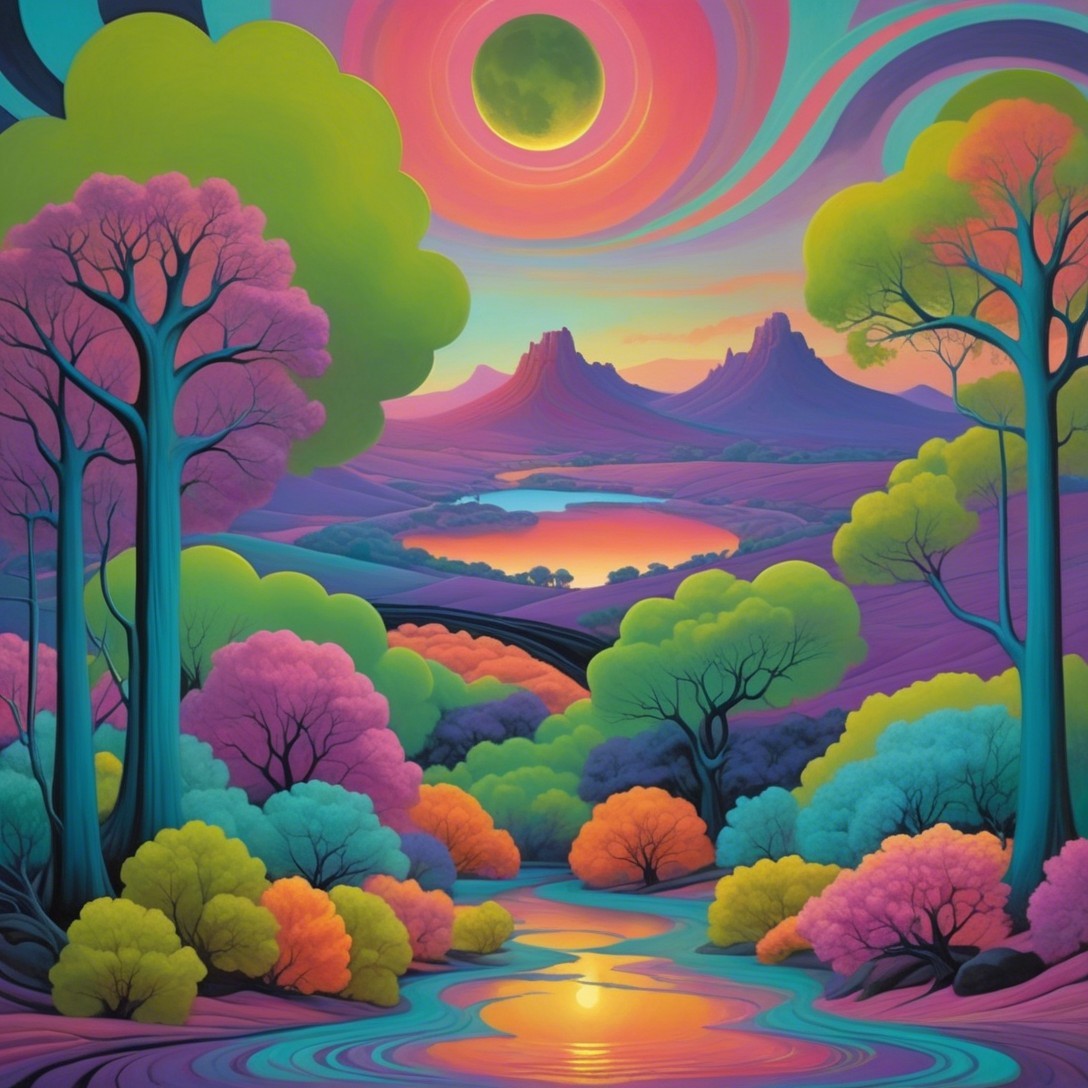 Surreal Landscape with Colorful Trees and Sunset Sky