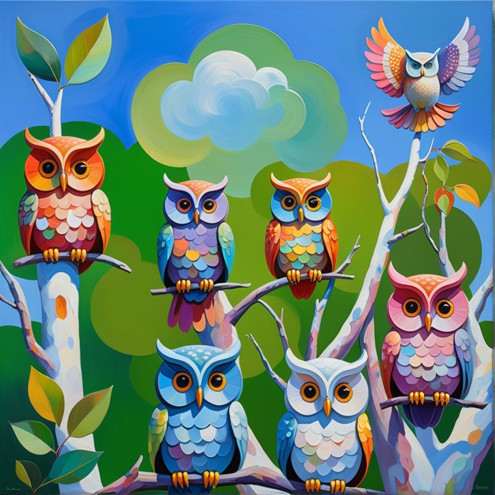 Colorful Owls on Branches in Dreamlike Landscape