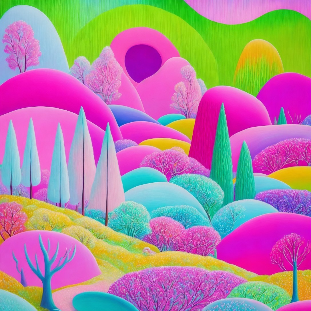 Vibrant Landscape with Abstract Trees and Rolling Hills