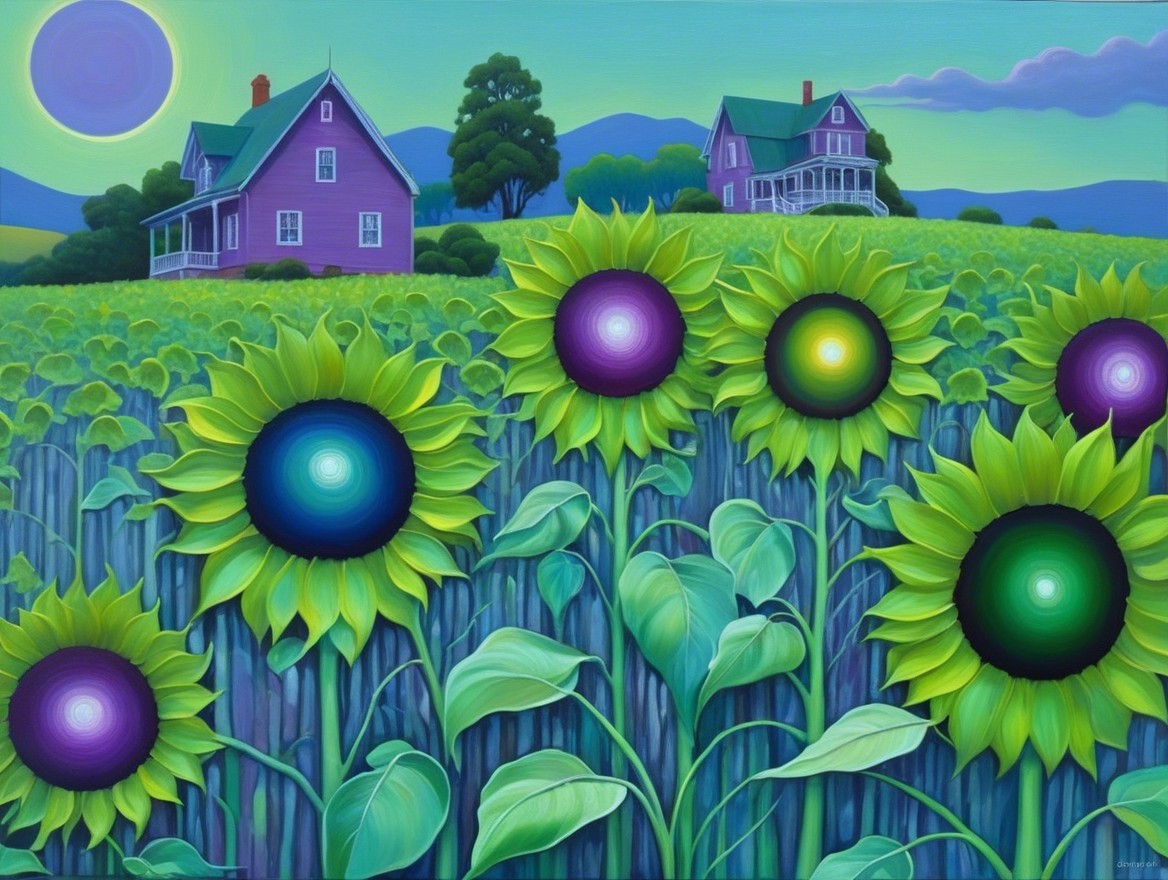 Vibrant Landscape with Sunflowers and Pastel Houses
