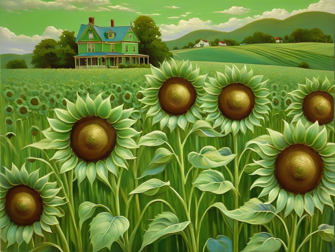 Vibrant Sunflowers and Serene Farmhouse Landscape