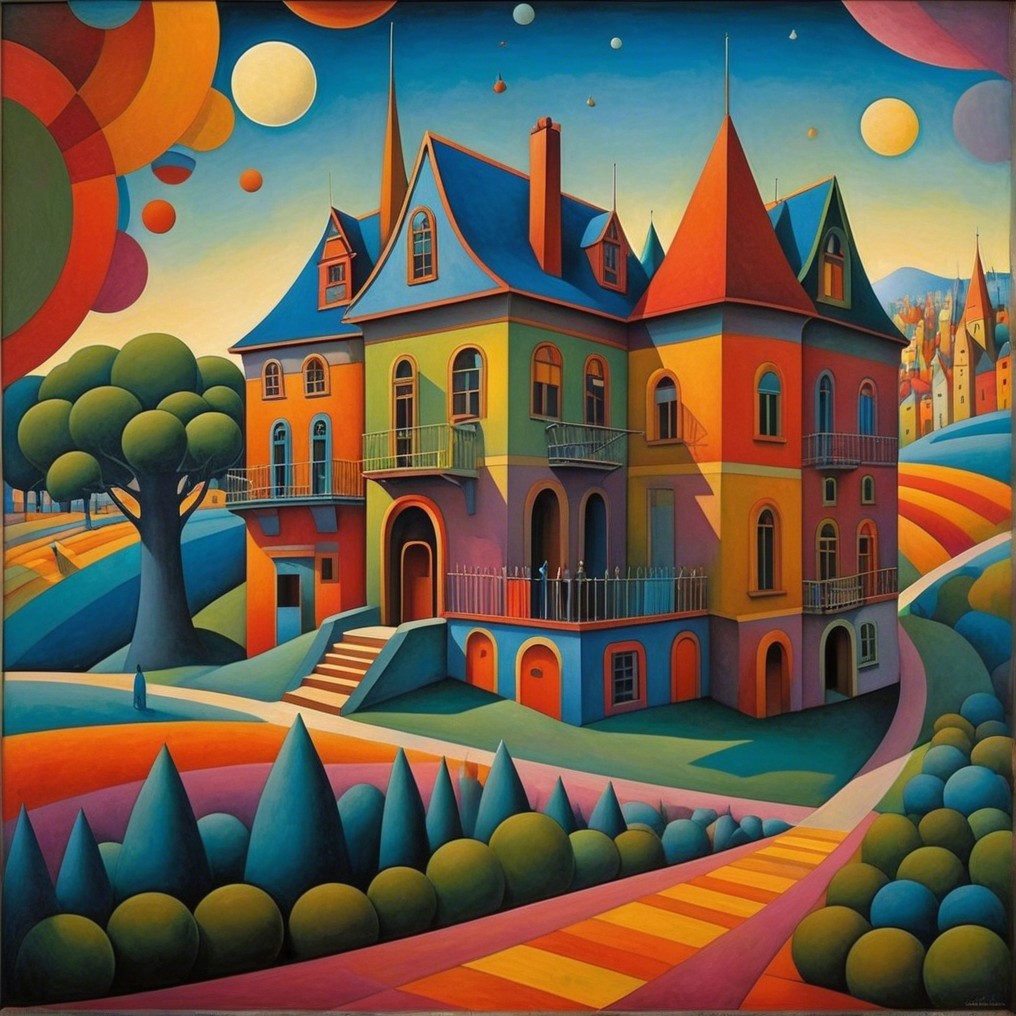 Colorful Whimsical Landscape with Multi-Turreted House