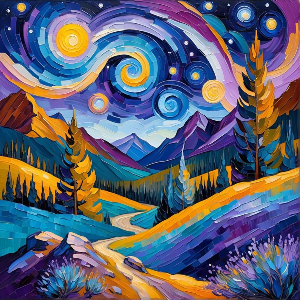 Vibrant Landscape with Stars and Moon in Night Sky