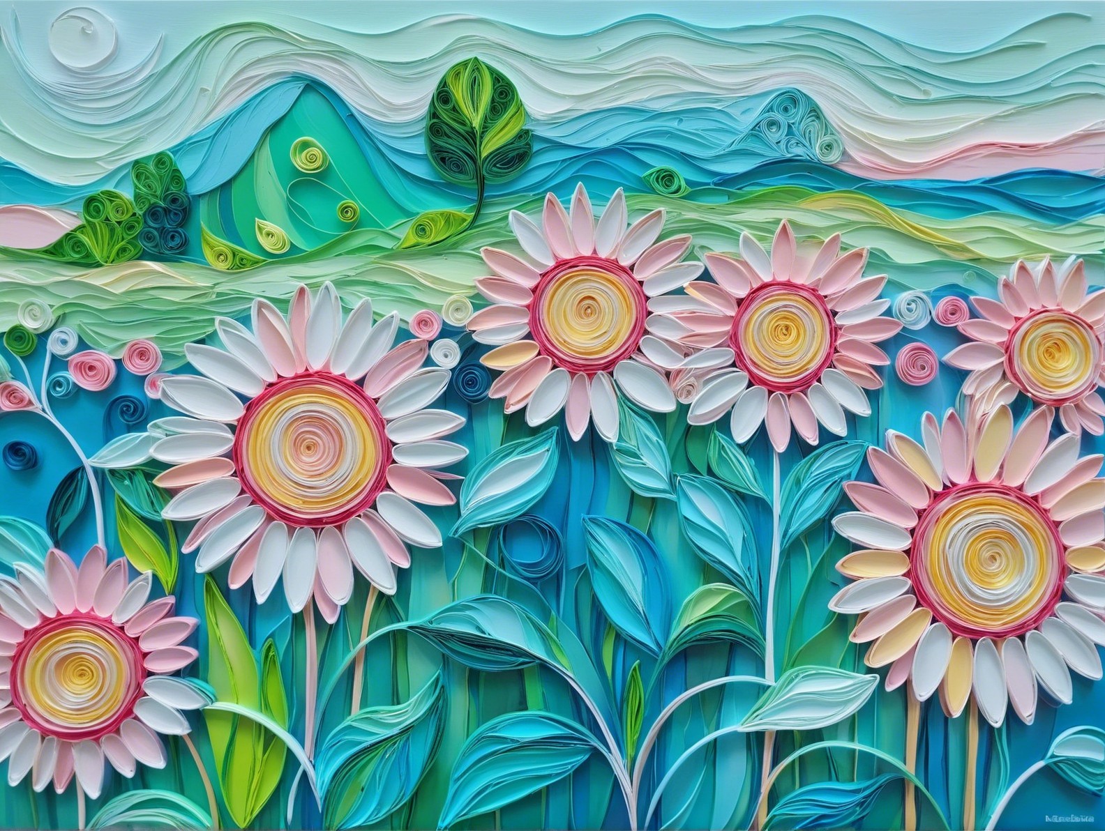 Vibrant Quilled Paper Floral Landscape with Daisies