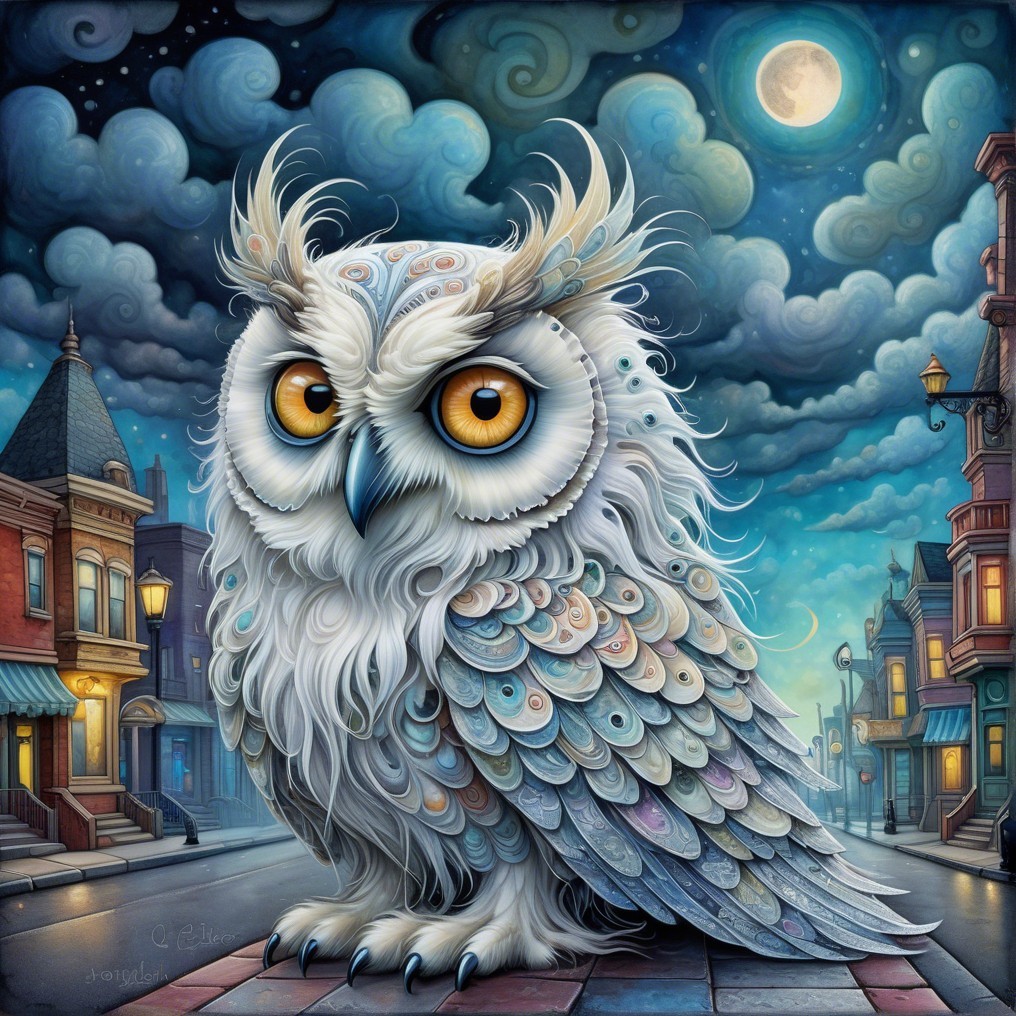Oversized owl in a vibrant moonlit street scene