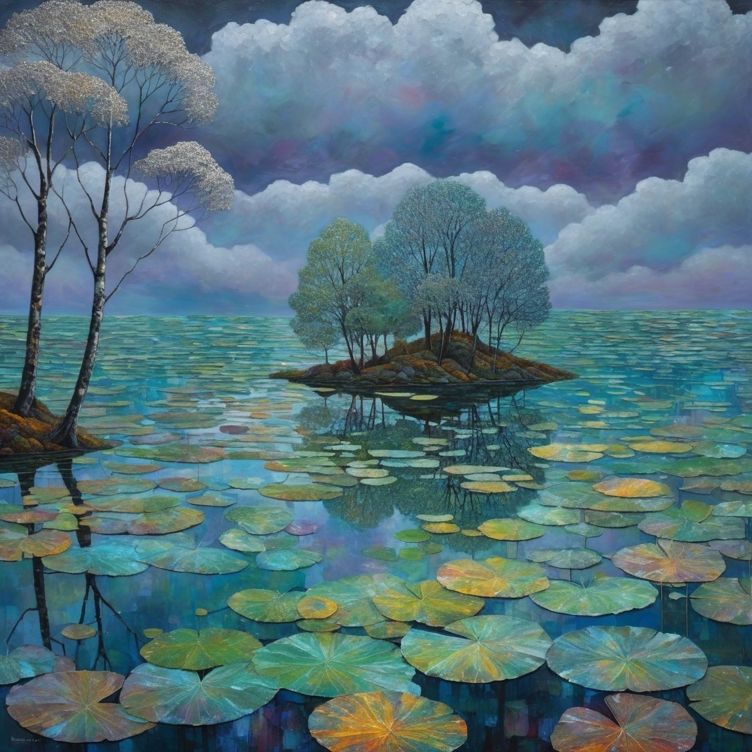 Serene landscape with tranquil water and lily pads