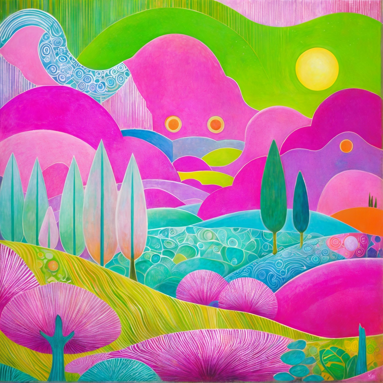 Vibrant Landscape with Pink and Green Hills and Sun