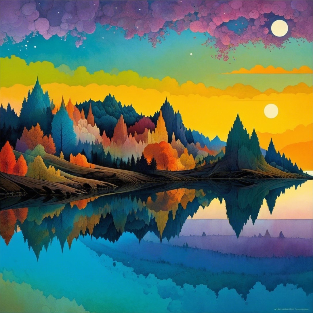 Vibrant Landscape with Serene Lake and Colorful Sky