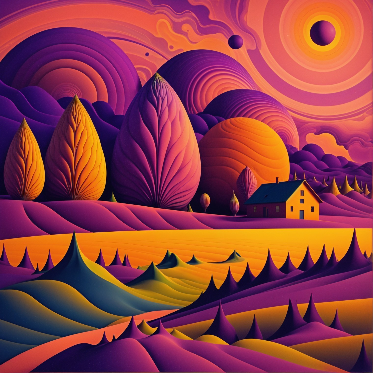 Surreal Landscape with Oversized Trees and Celestial Bodies