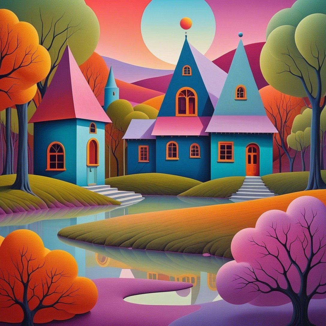 Whimsical Landscape with Colorful House and Pond