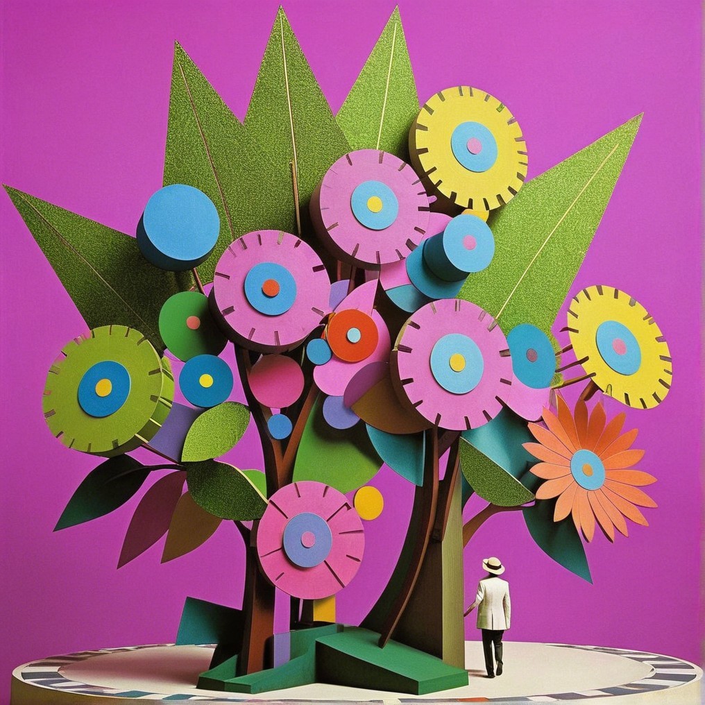 Whimsical Paper Art Scene with Colorful Tree and Figure