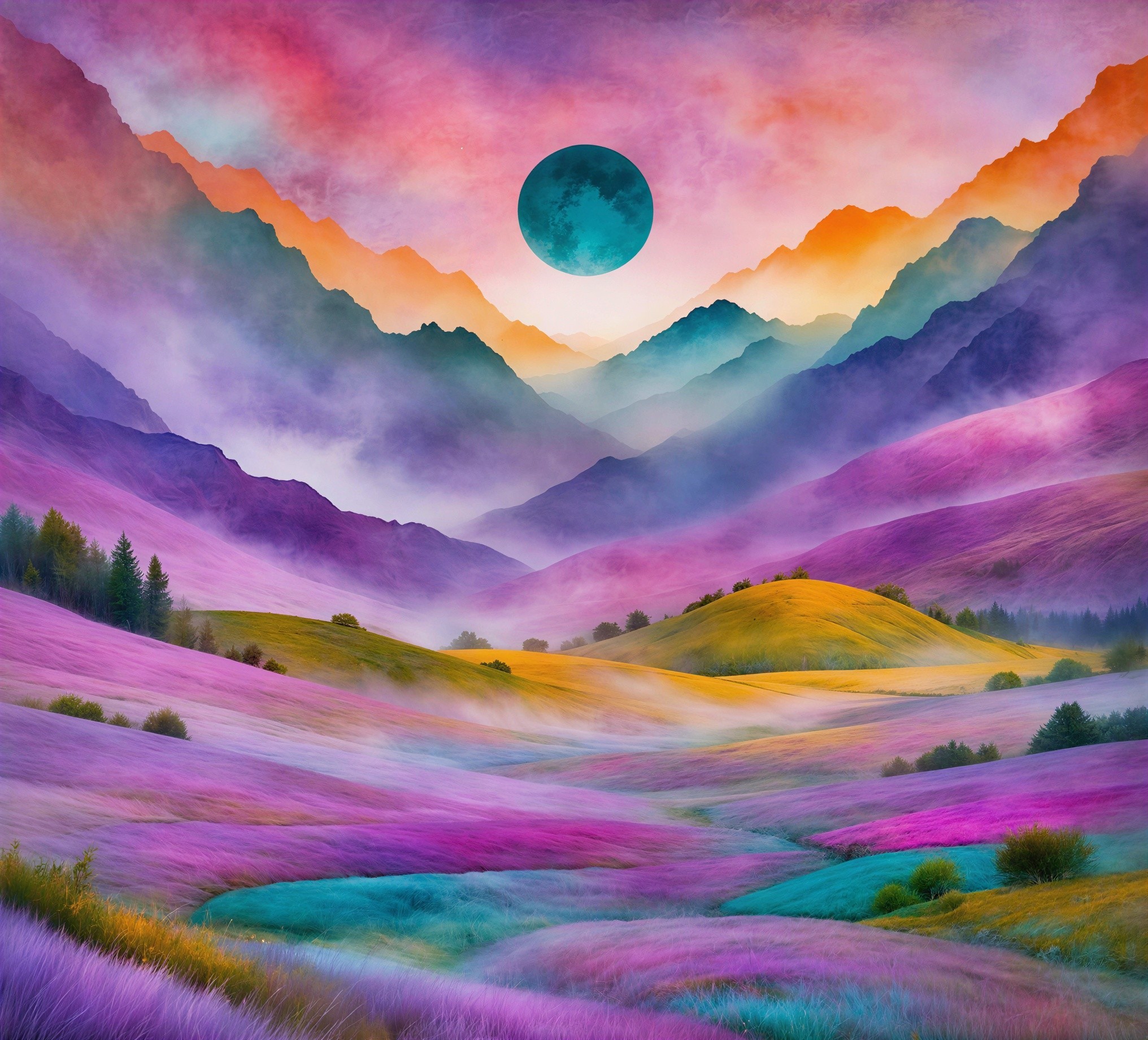 Psychedelic Landscape with Colorful Mountains and Hills