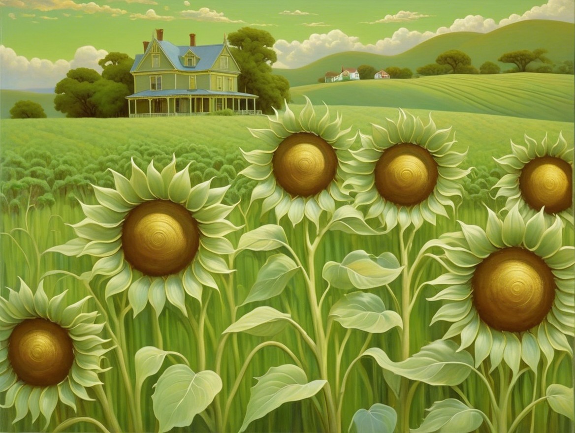 Serene landscape with sunflowers and a vintage house