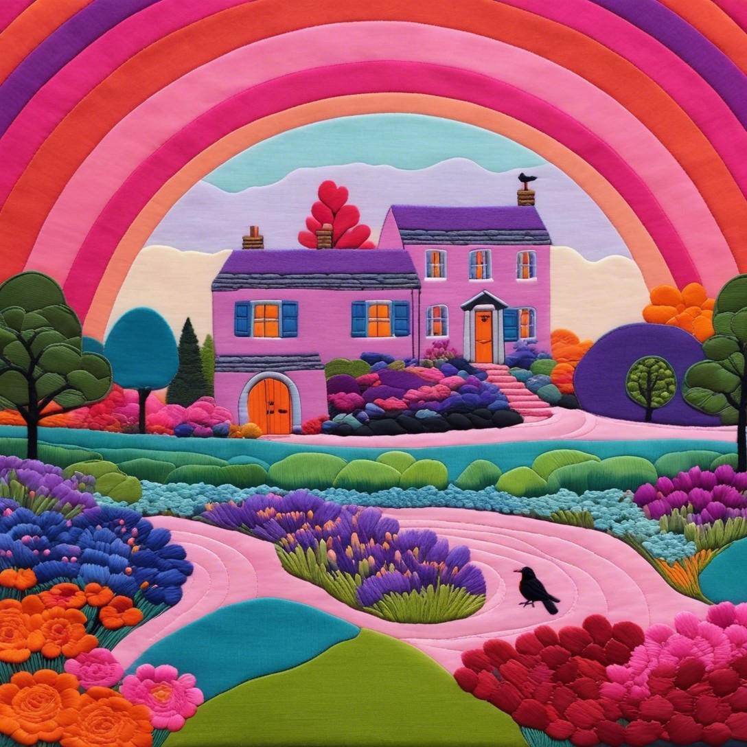Vibrant Landscape with Colorful House and Rainbow