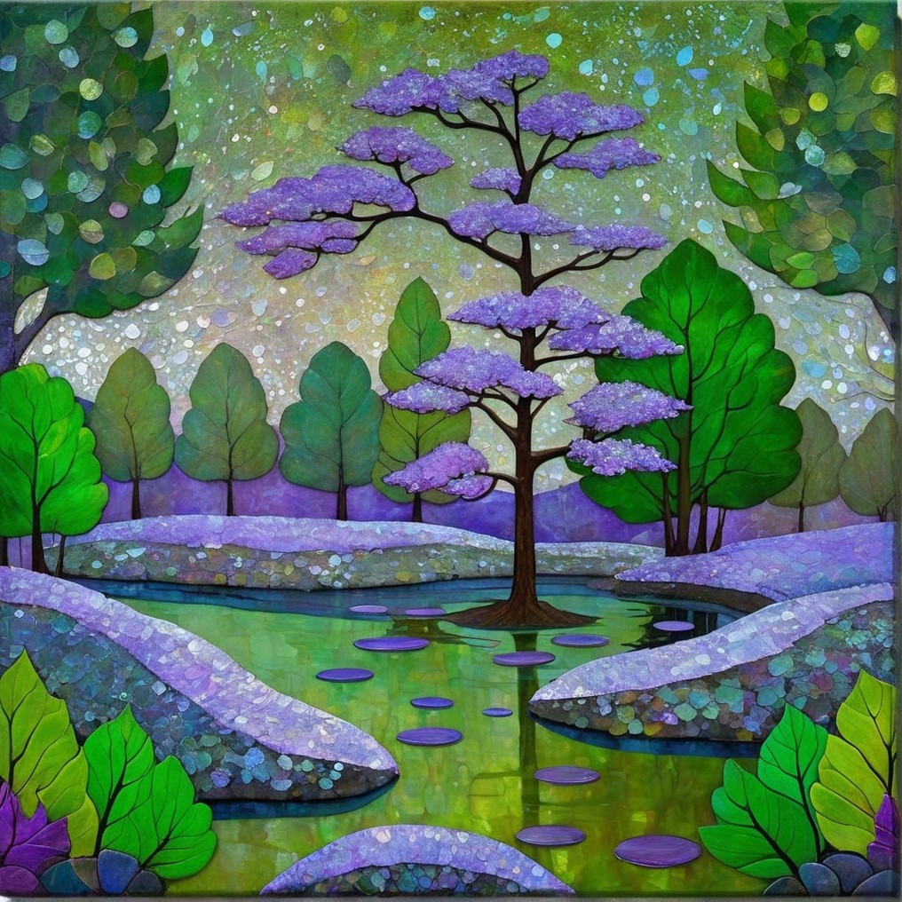 Vibrant Landscape with Purple Blossoms and Serene Pond
