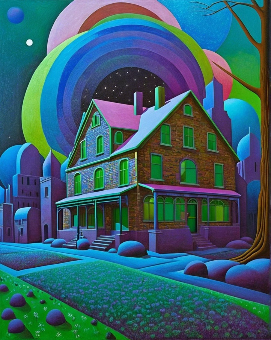 Surreal Landscape with Stone House and Colorful Spheres
