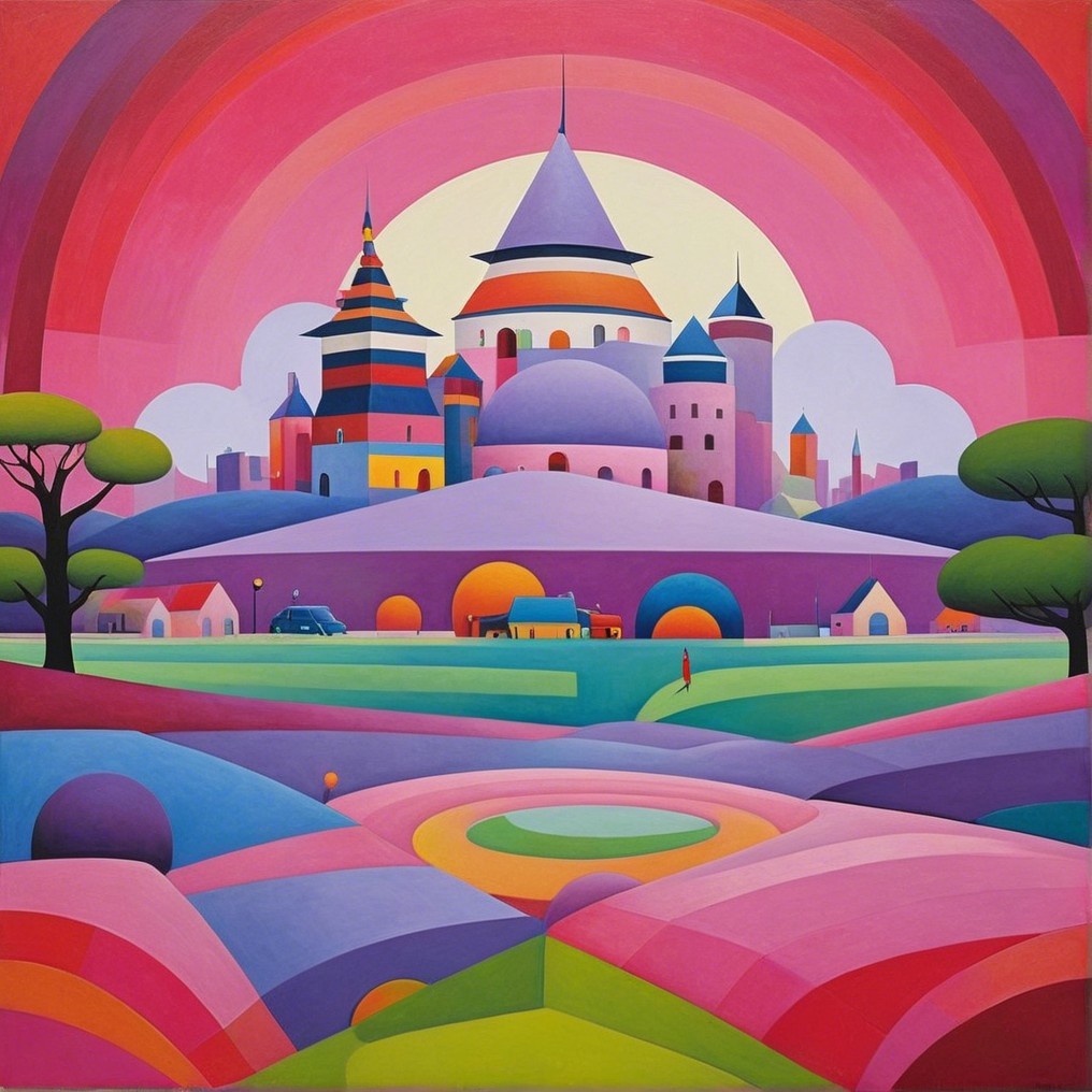 Whimsical Landscape with Colorful Castle and Rainbow