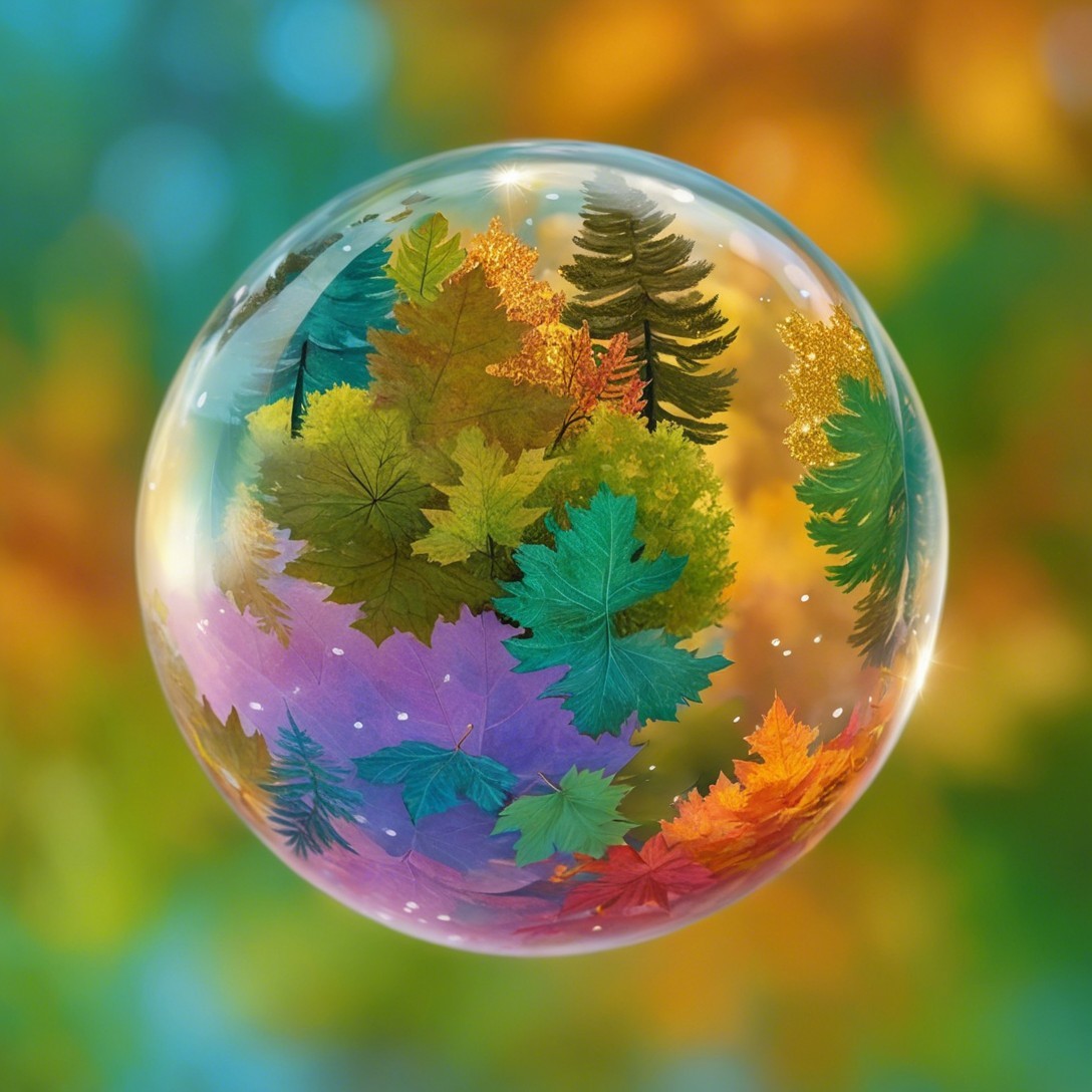 Translucent Bubble with Autumn Leaves and Pine Trees