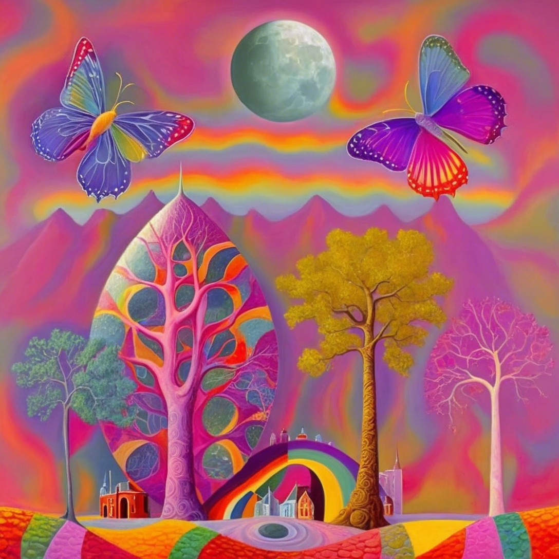 Surreal Landscape with Colorful Trees and Moonlight
