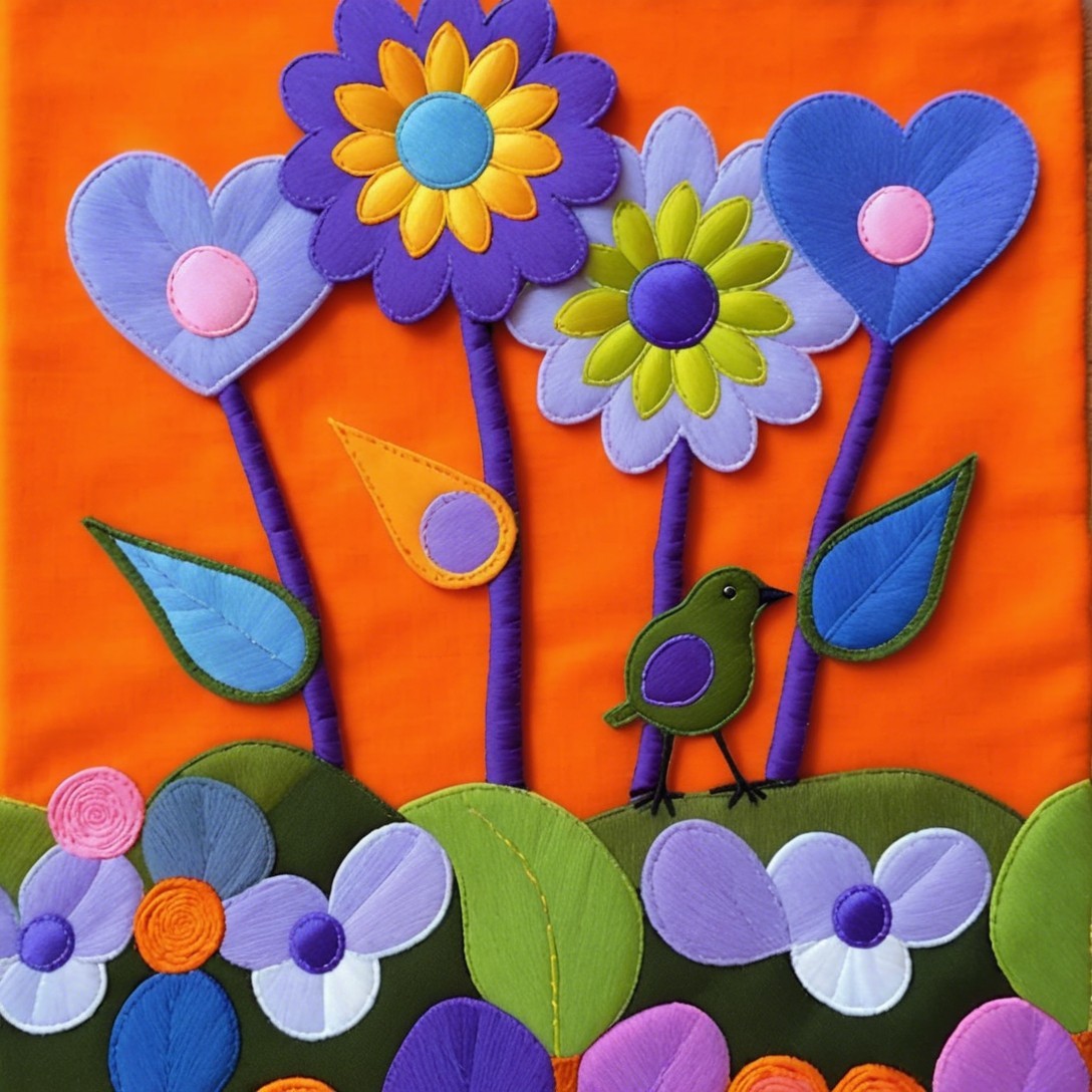 Colorful Flower Textile Artwork with Heart-Shaped Petals