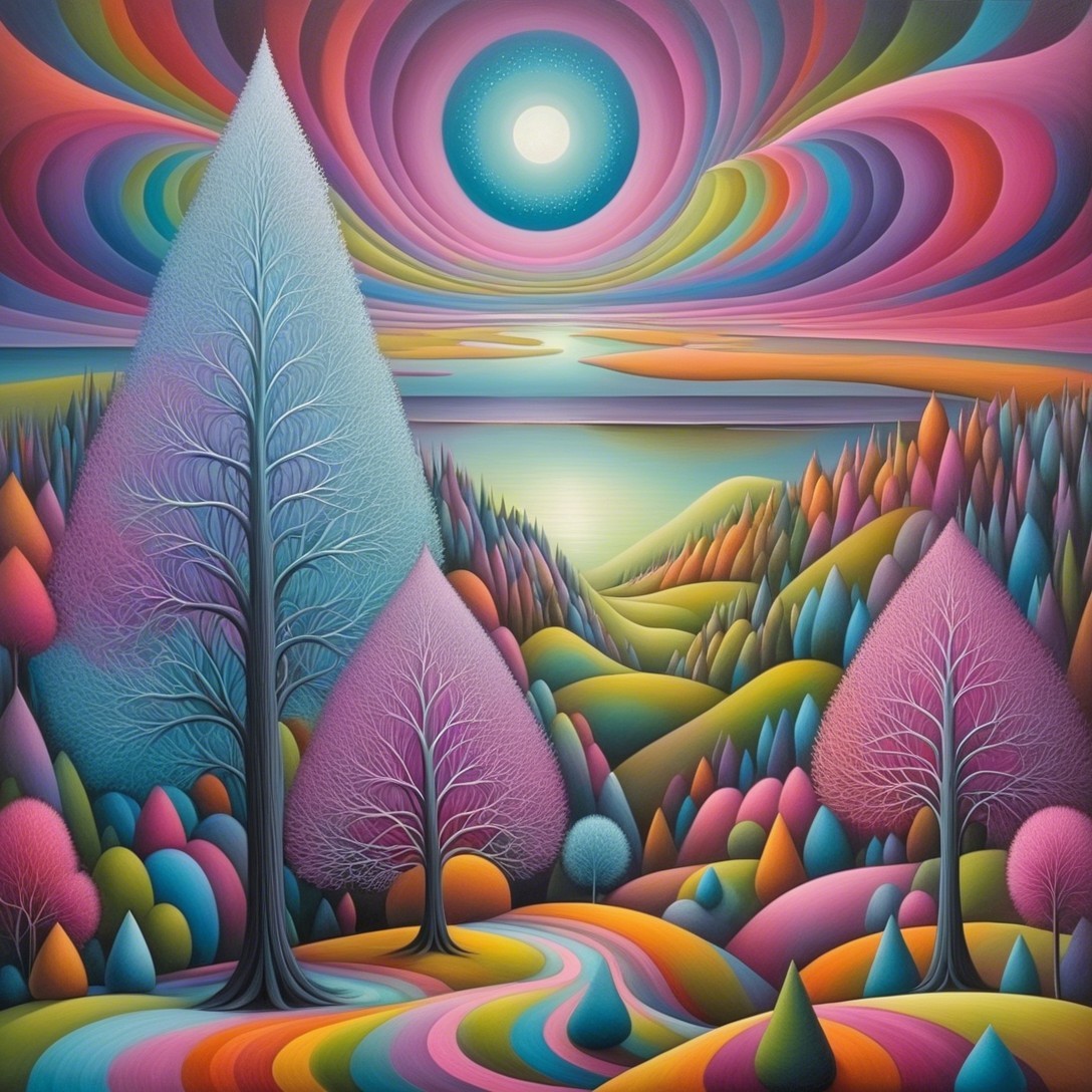 Vibrant Landscape with Stylized Trees and Surreal Sky