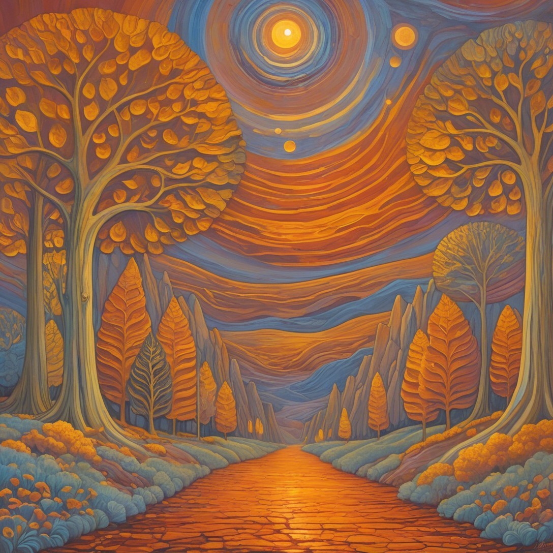 Surreal Landscape with Golden Trees and Celestial Sky