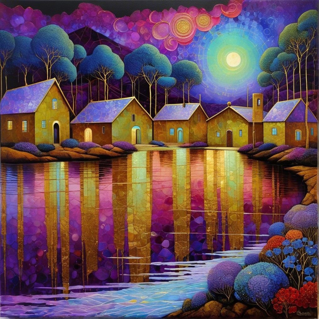 Colorful Cottages by a Shimmering Lake at Night