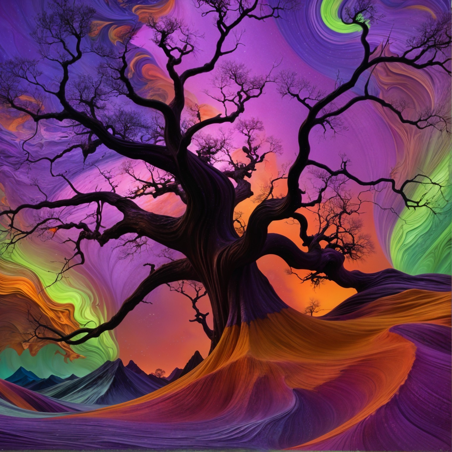Surreal Landscape with Gnarled Tree and Vibrant Sky