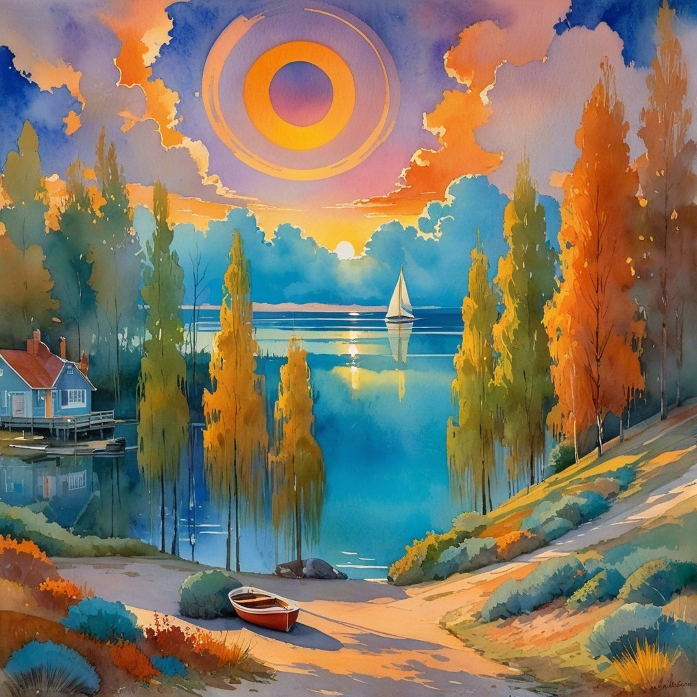 Serene Sunset Landscape with Lake and Silhouetted Trees