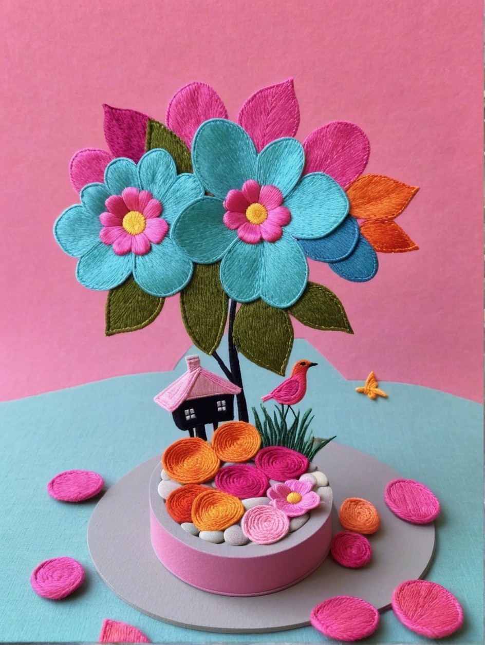 Colorful Embroidery Flower Craft Display with House and Bird