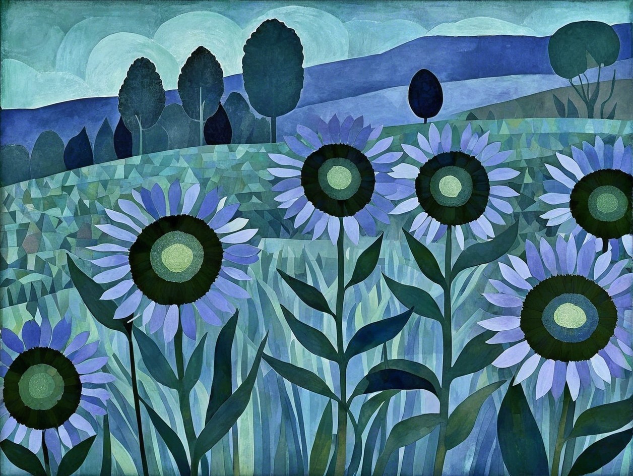 Serene Landscape with Blue Sunflowers and Hills